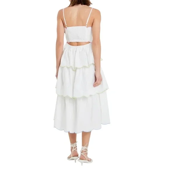 English Factory White Scalloped Tiered Midi Dress Multi Color Trim Whimsical XS - Picture 2 of 9